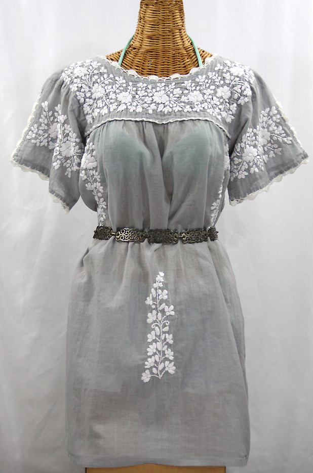 "La Primavera" Embroidered Mexican Dress - Grey + White