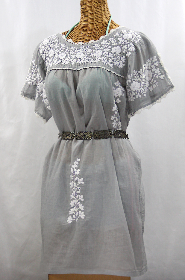 "La Primavera" Embroidered Mexican Dress - Grey + White