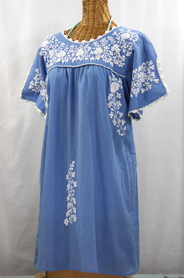 "La Primavera" Embroidered Mexican Dress - Light Blue + White