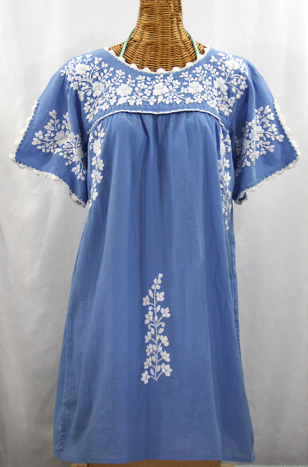 "La Primavera" Embroidered Mexican Dress - Light Blue + White