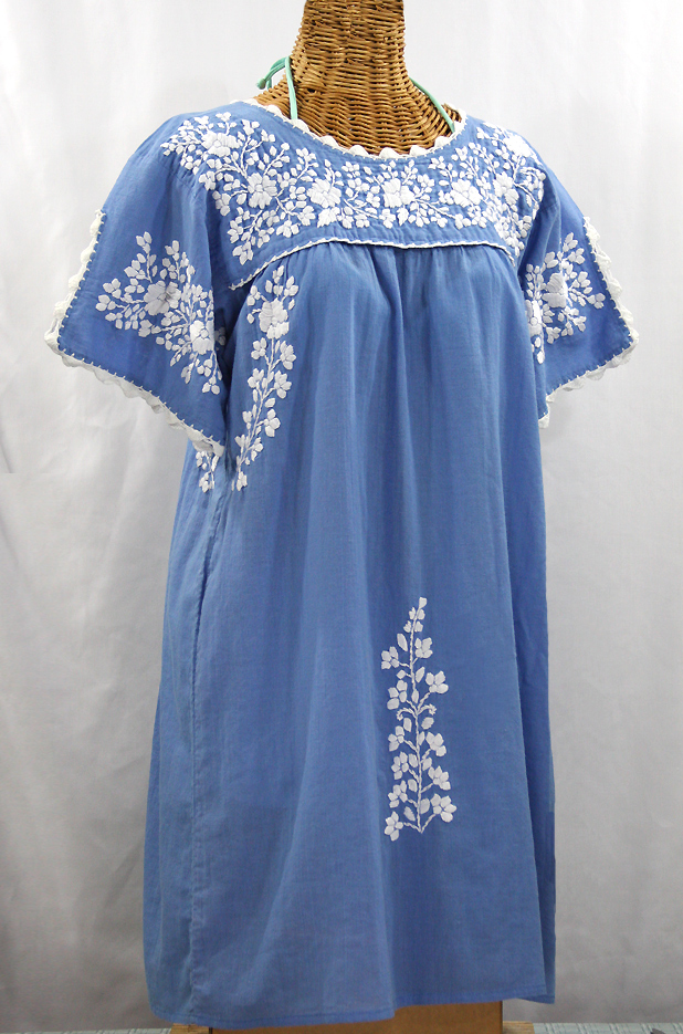 "La Primavera" Embroidered Mexican Dress - Light Blue + White