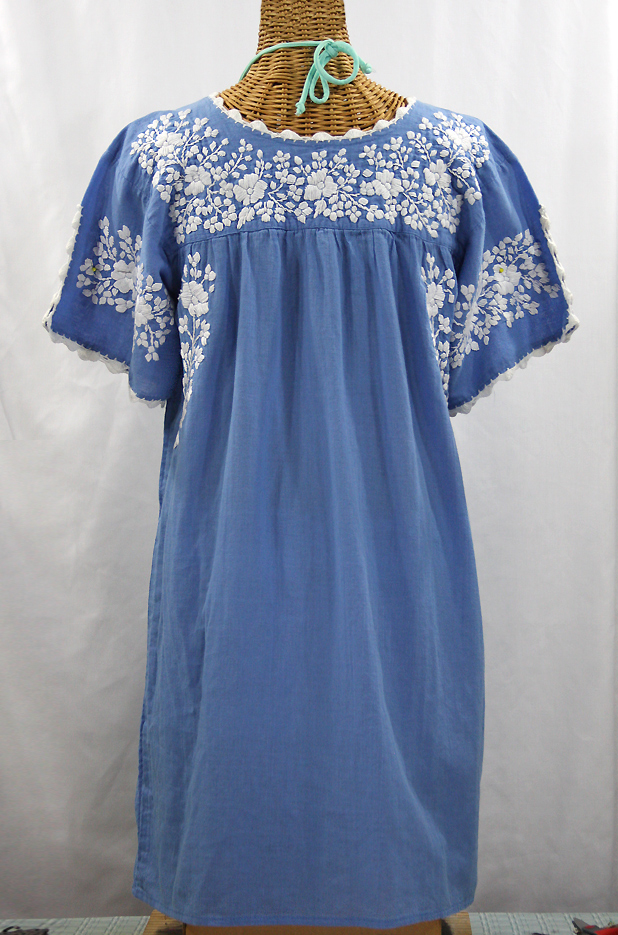 "La Primavera" Embroidered Mexican Dress - Light Blue + White