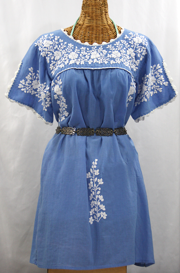 "La Primavera" Embroidered Mexican Dress - Light Blue + White