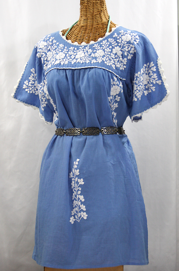 "La Primavera" Embroidered Mexican Dress - Light Blue + White