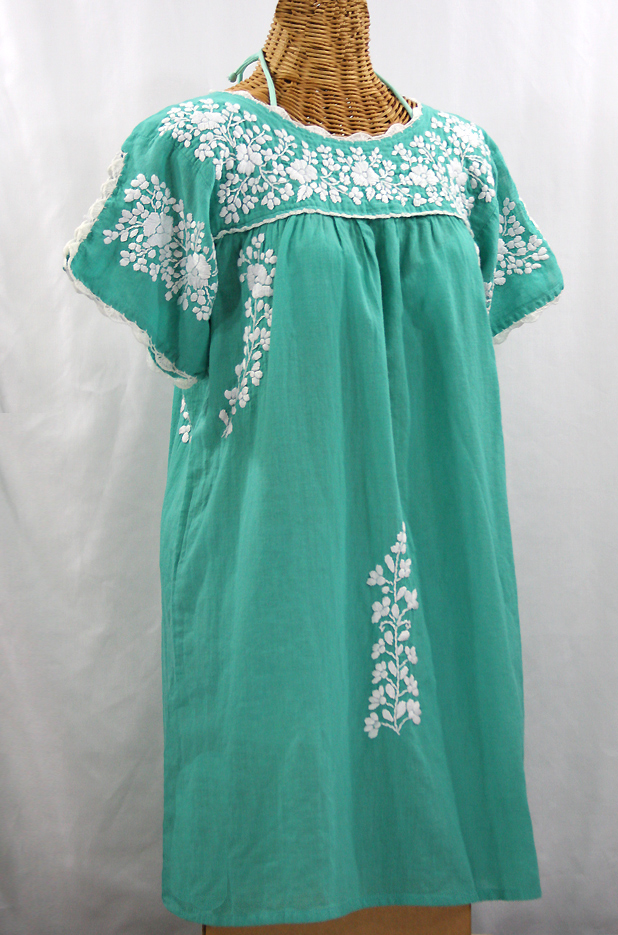 "La Primavera" Embroidered Mexican Dress - Mint + White