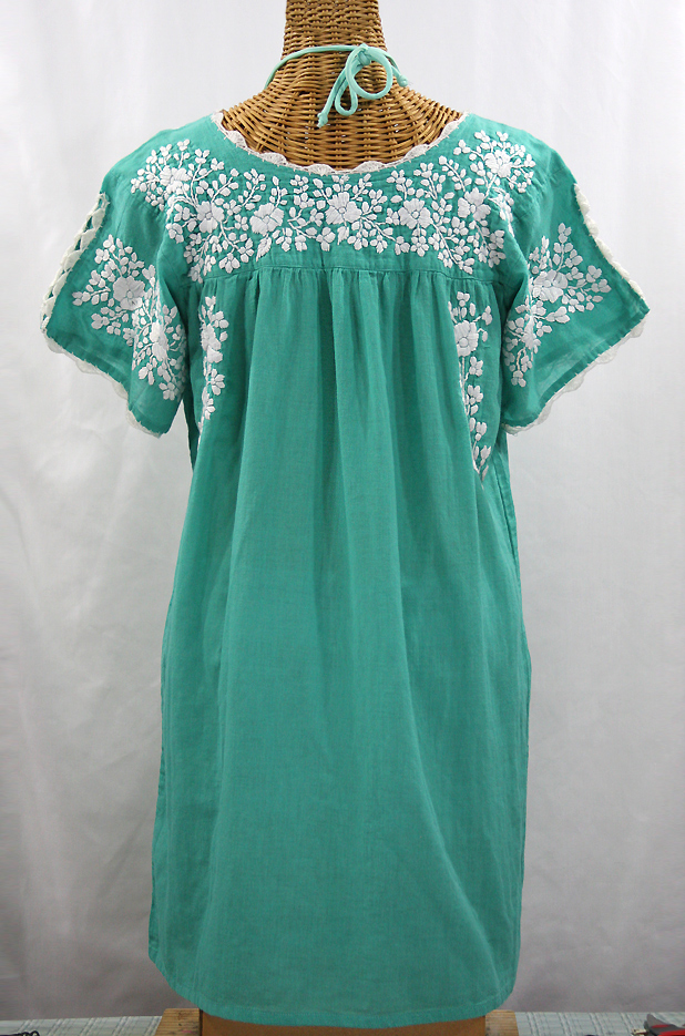 "La Primavera" Embroidered Mexican Dress - Mint + White