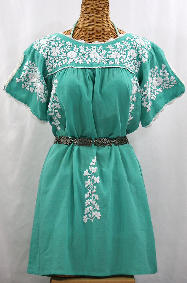 "La Primavera" Embroidered Mexican Dress - Mint + White