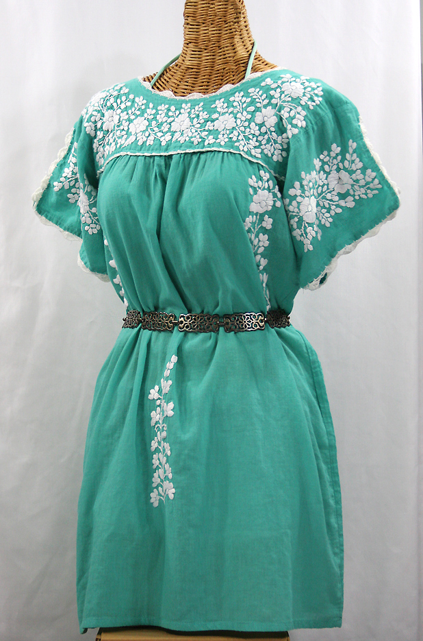 "La Primavera" Embroidered Mexican Dress - Mint + White