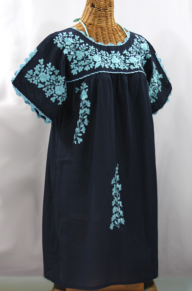 "La Primavera" Embroidered Mexican Dress - Navy + Neon Blue