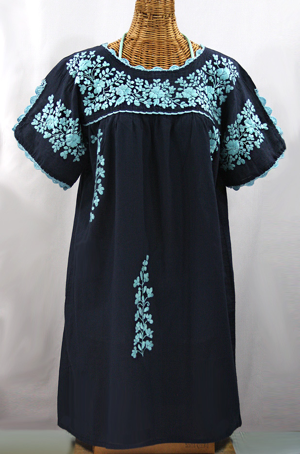 "La Primavera" Embroidered Mexican Dress - Navy + Neon Blue