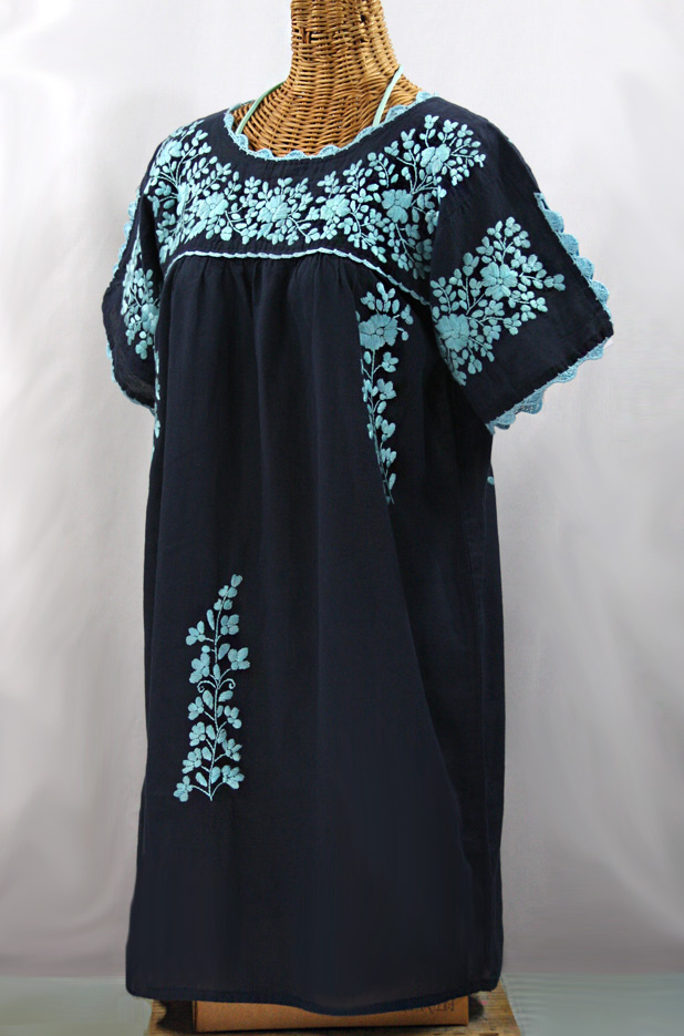 "La Primavera" Embroidered Mexican Dress - Navy + Neon Blue