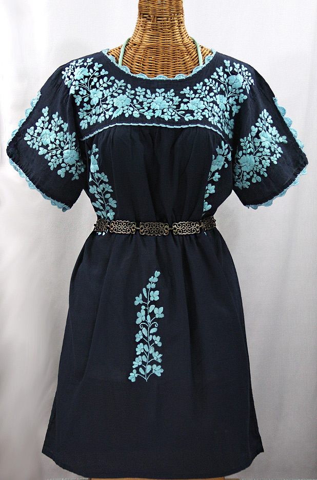 "La Primavera" Embroidered Mexican Dress - Navy + Neon Blue