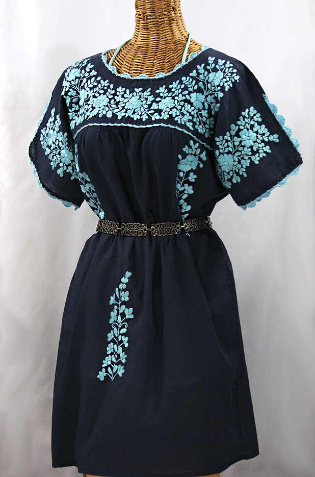 "La Primavera" Embroidered Mexican Dress - Navy + Neon Blue