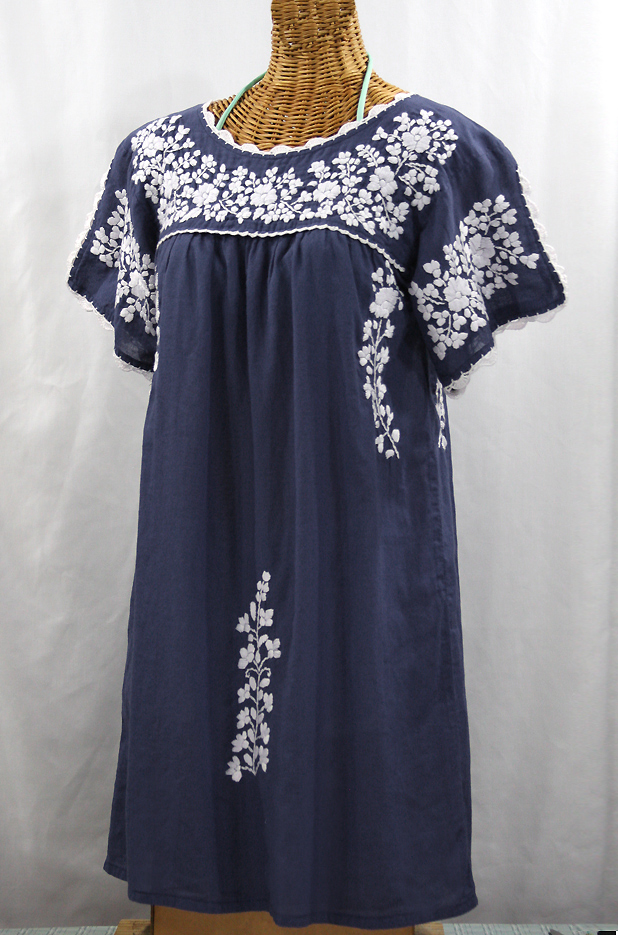 "La Primavera" Embroidered Mexican Dress - Navy Blue + White