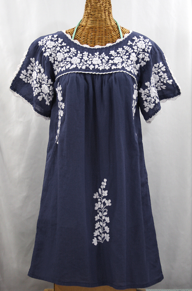 "La Primavera" Embroidered Mexican Dress - Navy Blue + White