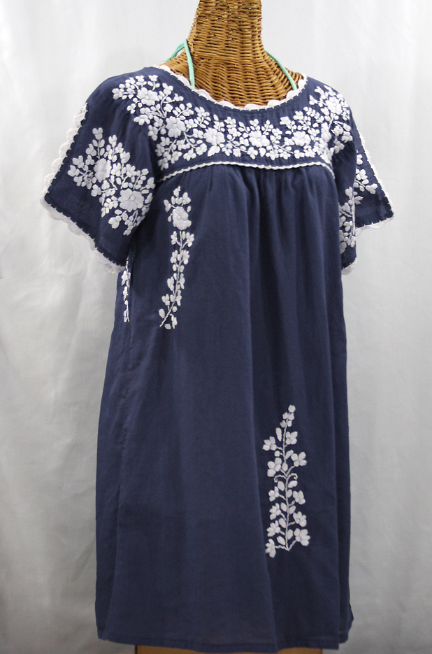 "La Primavera" Embroidered Mexican Dress - Navy Blue + White