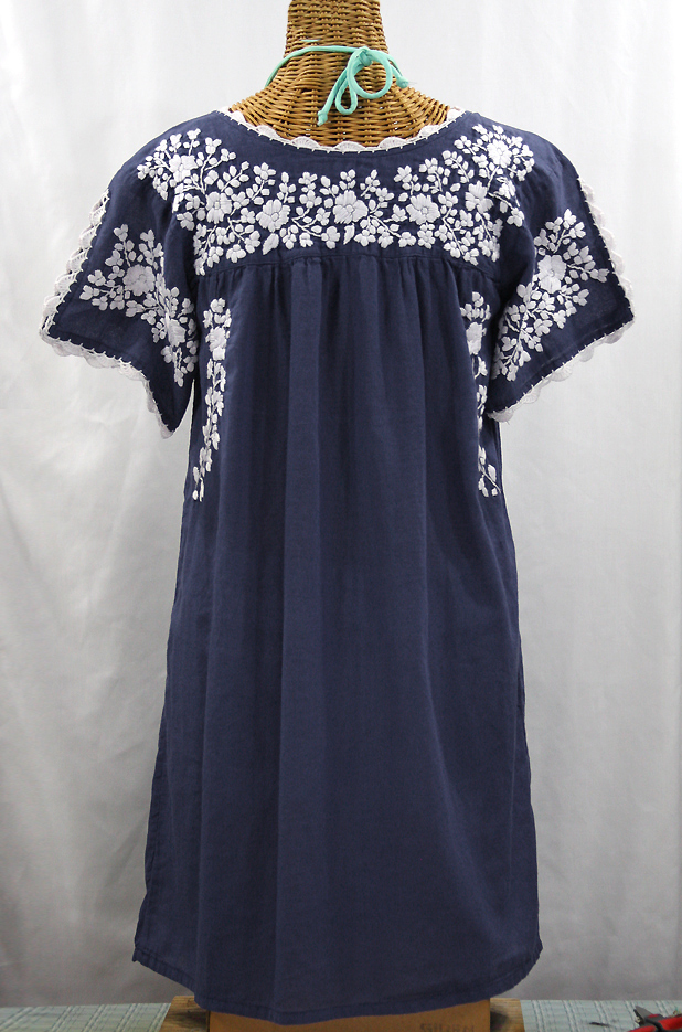 "La Primavera" Embroidered Mexican Dress - Navy Blue + White