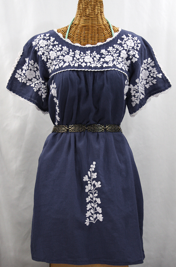 "La Primavera" Embroidered Mexican Dress - Navy Blue + White