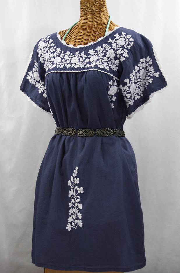 "La Primavera" Embroidered Mexican Dress - Navy Blue + White