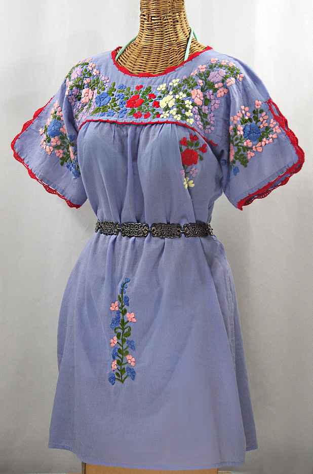 "La Primavera" Embroidered Mexican Dress - Periwinkle + Multi