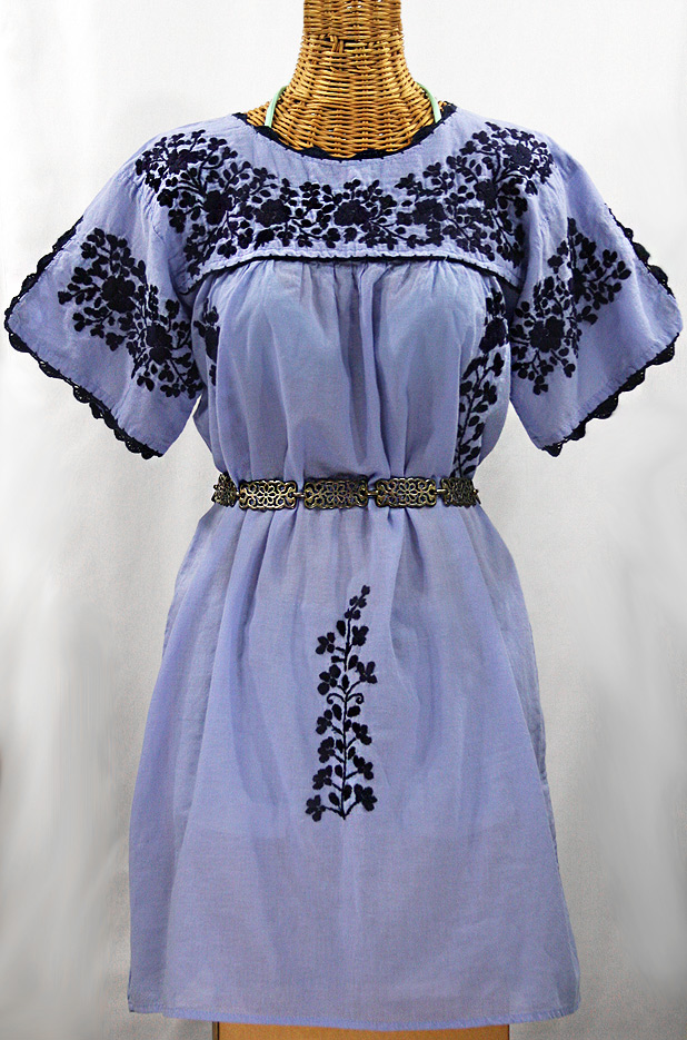 "La Primavera" Embroidered Mexican Dress - Periwinkle + Navy