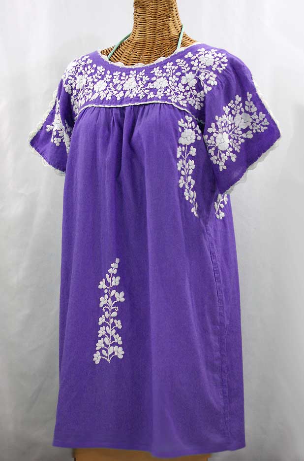 "La Primavera" Embroidered Mexican Dress - Purple + White