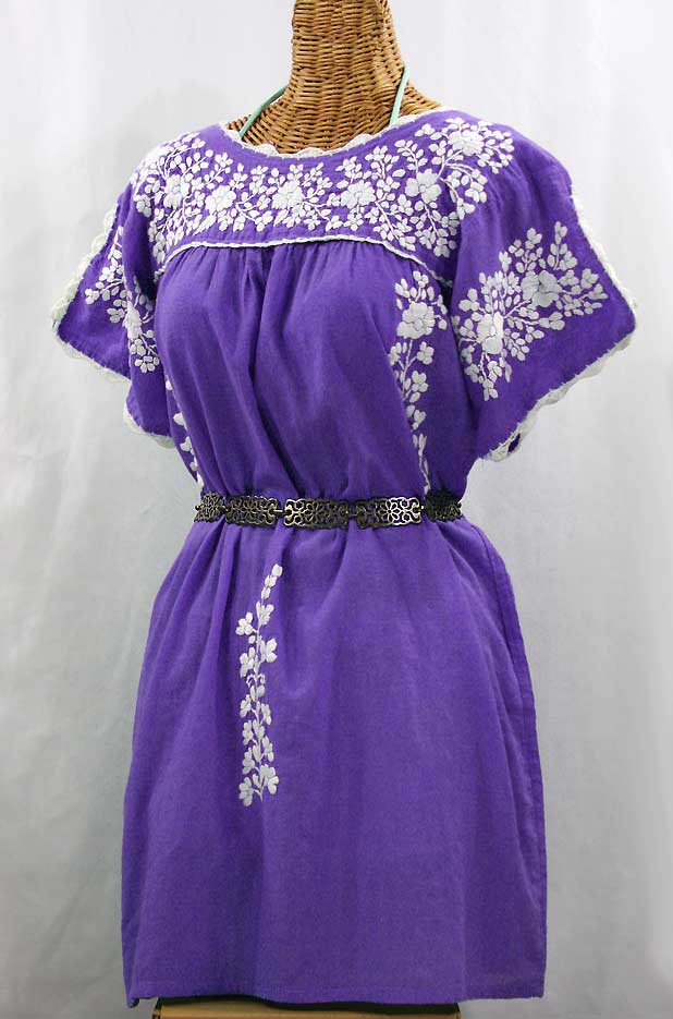 "La Primavera" Embroidered Mexican Dress - Purple + White