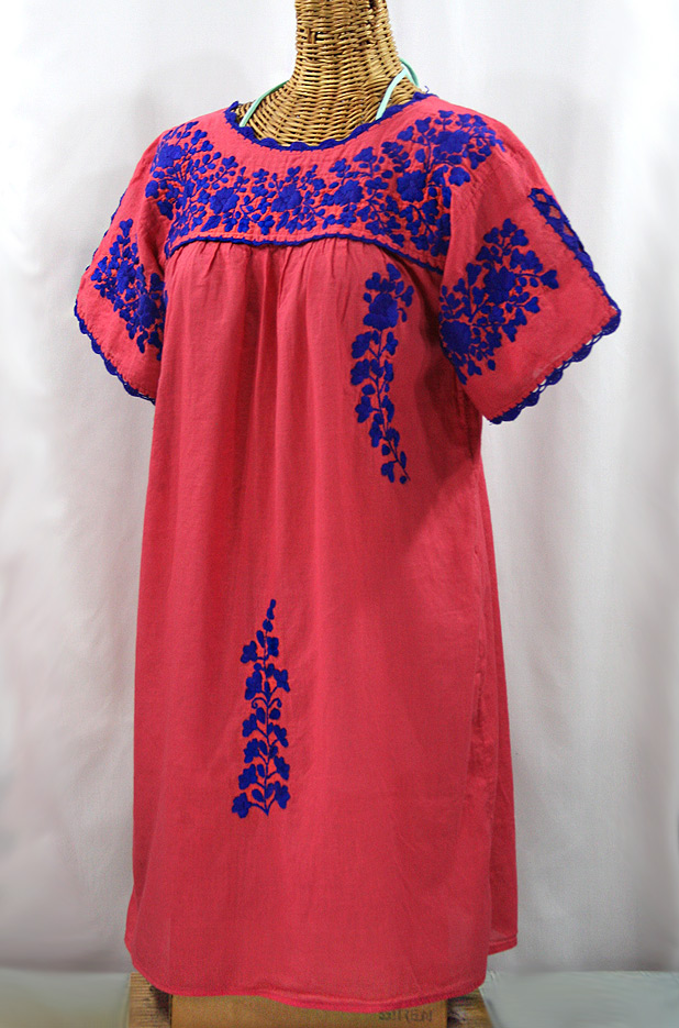 "La Primavera" Embroidered Mexican Dress - Tomato Red + Blue