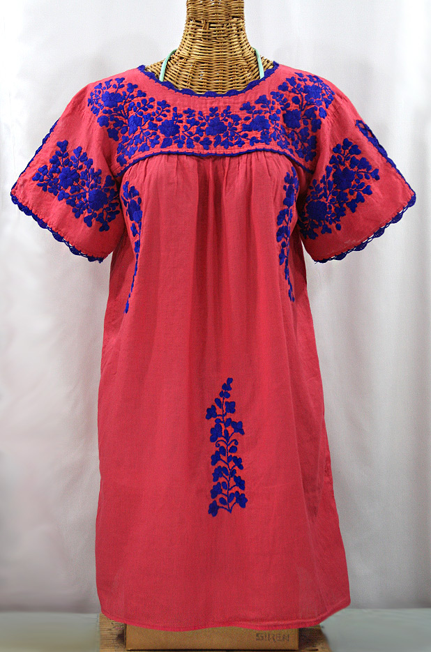 "La Primavera" Embroidered Mexican Dress - Tomato Red + Blue