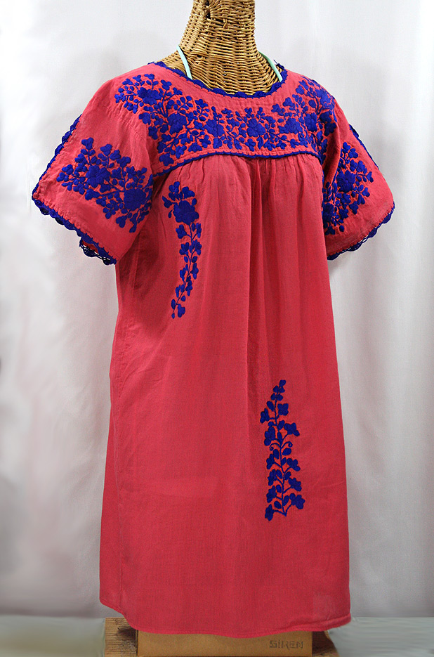 "La Primavera" Embroidered Mexican Dress - Tomato Red + Blue