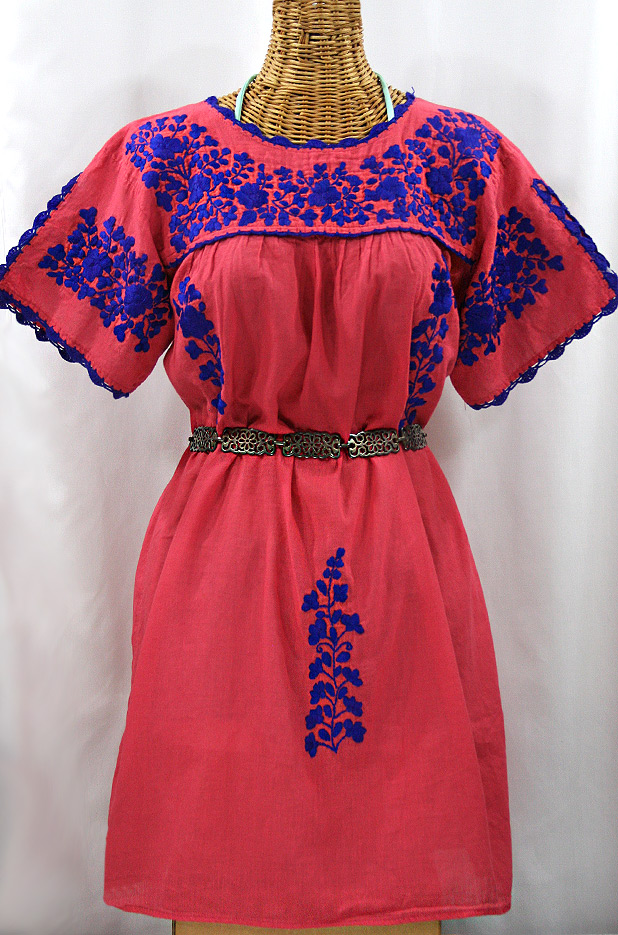 "La Primavera" Embroidered Mexican Dress - Tomato Red + Blue