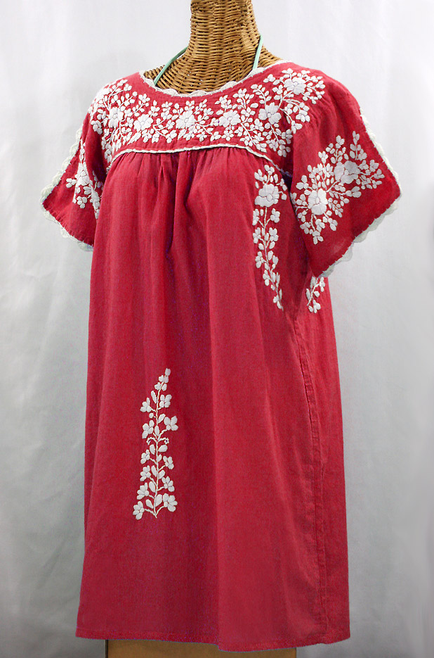 "La Primavera" Embroidered Mexican Dress - Tomato Red + White