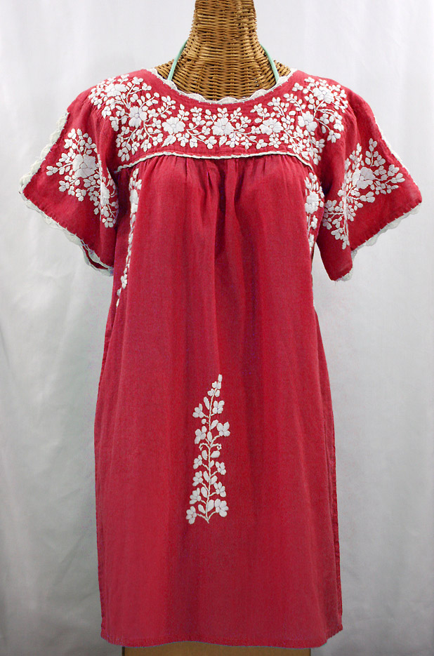"La Primavera" Embroidered Mexican Dress - Tomato Red + White