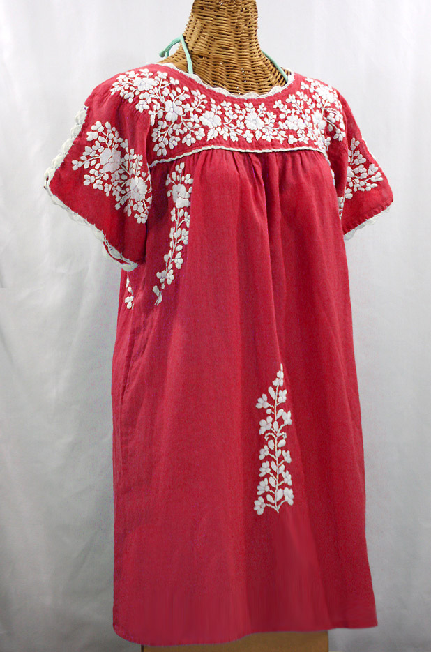 "La Primavera" Embroidered Mexican Dress - Tomato Red + White