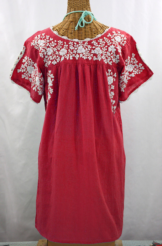 "La Primavera" Embroidered Mexican Dress - Tomato Red + White