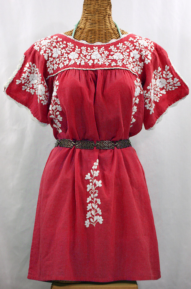 "La Primavera" Embroidered Mexican Dress - Tomato Red + White