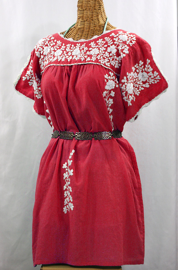 "La Primavera" Embroidered Mexican Dress - Tomato Red + White