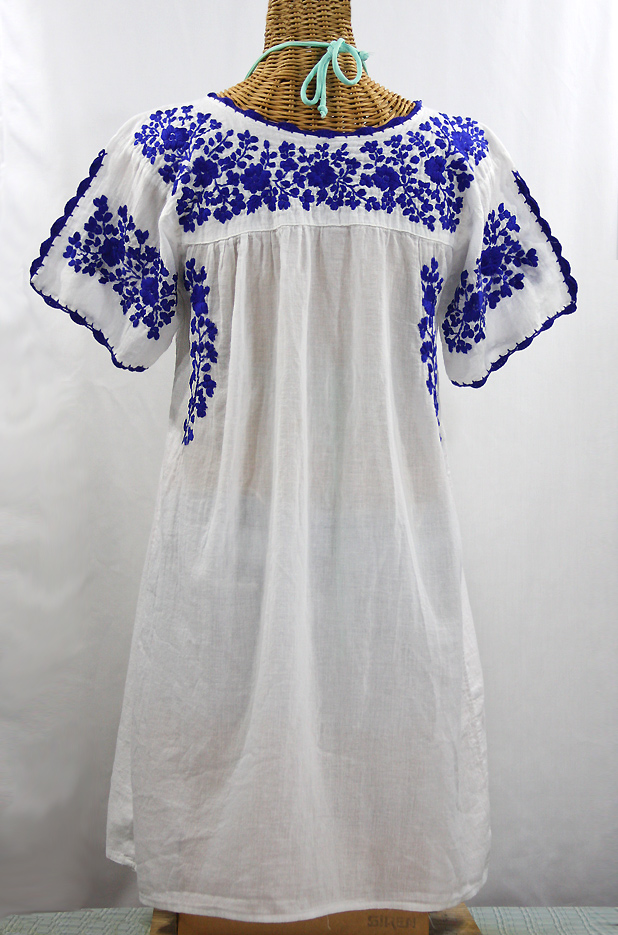 "La Primavera" Embroidered Mexican Dress - White + Blue 