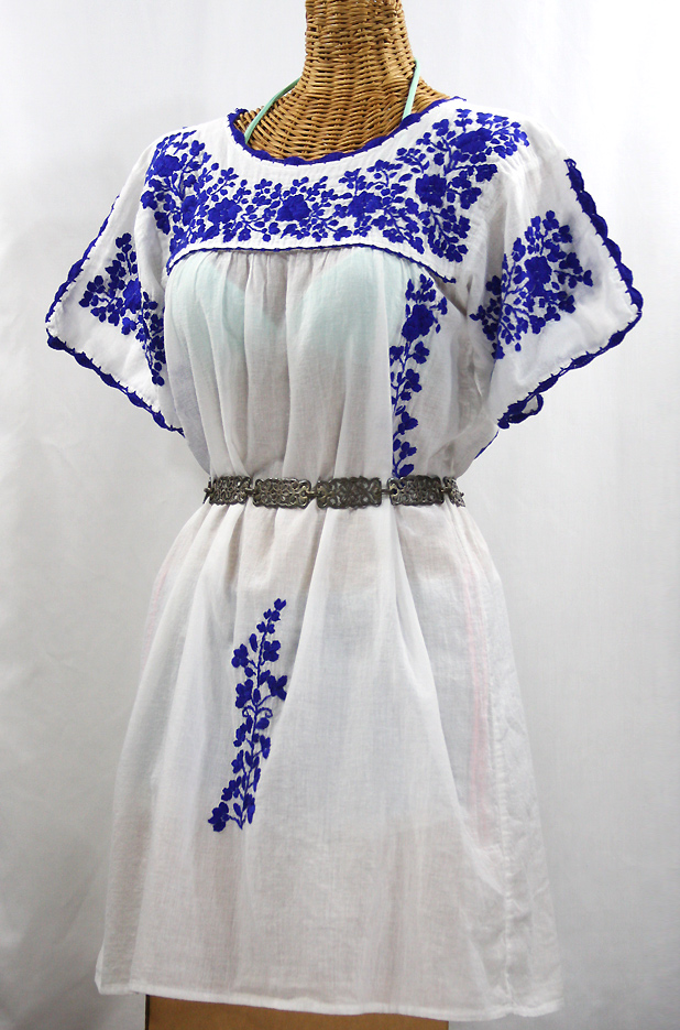 "La Primavera" Embroidered Mexican Dress - White + Blue 