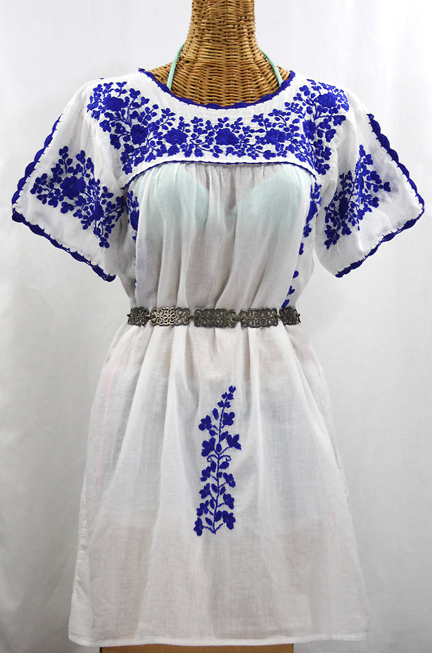 "La Primavera" Embroidered Mexican Dress - White + Blue 