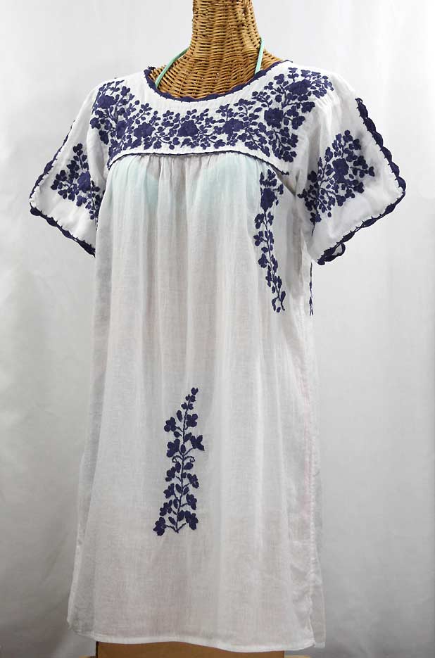 "La Primavera" Embroidered Mexican Dress - White + Navy