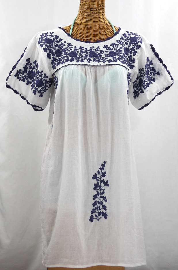 "La Primavera" Embroidered Mexican Dress - White + Navy