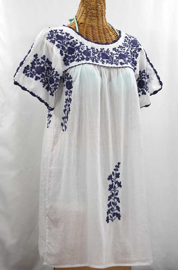 "La Primavera" Embroidered Mexican Dress - White + Navy