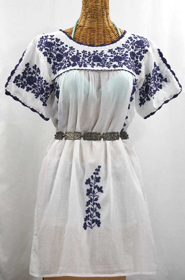 "La Primavera" Embroidered Mexican Dress - White + Navy