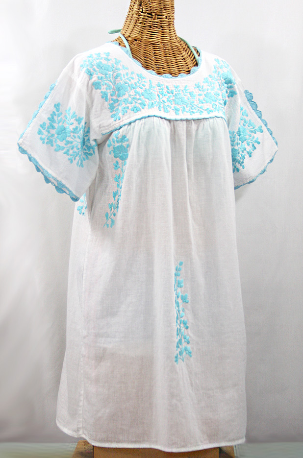 "La Primavera" Embroidered Mexican Dress - White + Neon Blue 