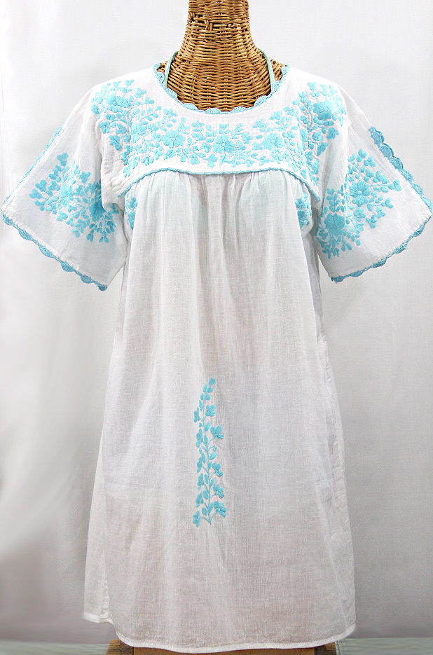 "La Primavera" Embroidered Mexican Dress - White + Neon Blue 