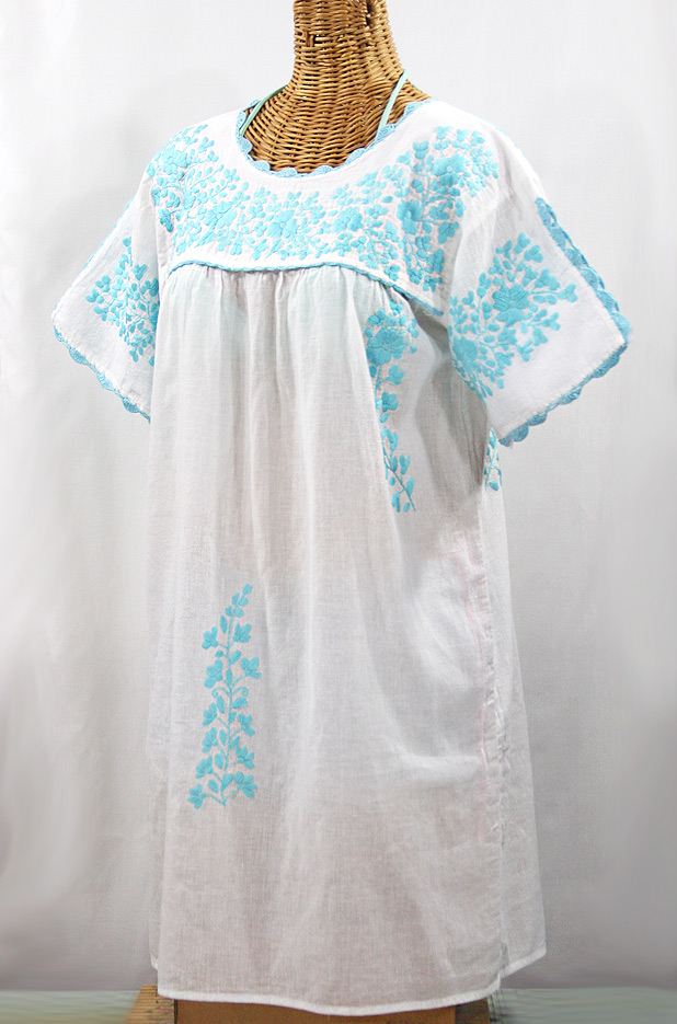 "La Primavera" Embroidered Mexican Dress - White + Neon Blue 