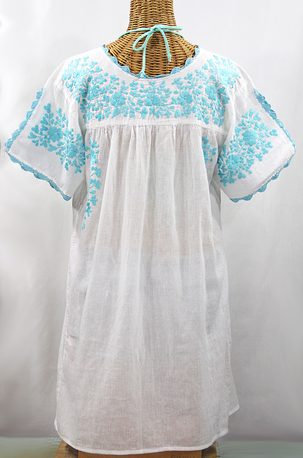 "La Primavera" Embroidered Mexican Dress - White + Neon Blue 