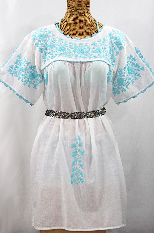 "La Primavera" Embroidered Mexican Dress - White + Neon Blue 