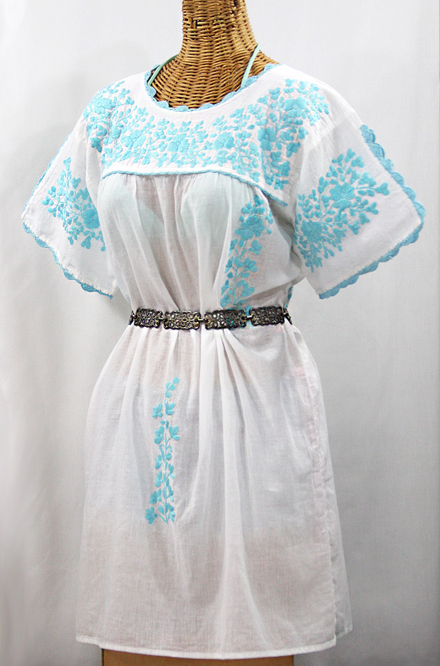 "La Primavera" Embroidered Mexican Dress - White + Neon Blue 